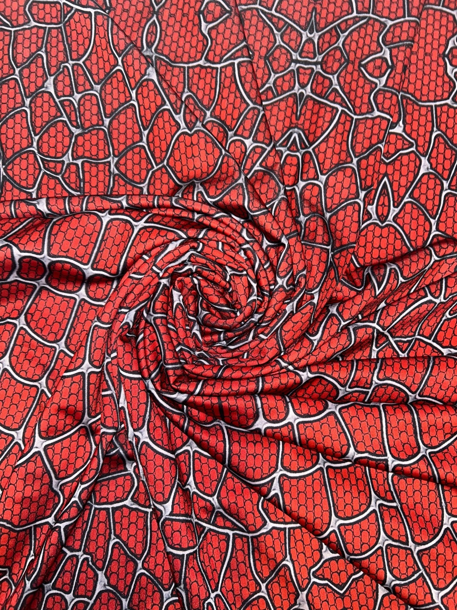 Spider Web Fabric - White, Black & Red Sample - Cosplay Fabric By the Yard - CosRoads Alley